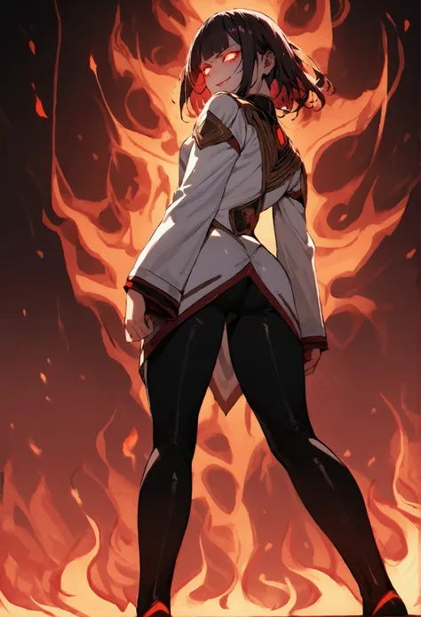 standing,standing backwards,looking back,shorth hair,Eyes red,white tight jacket on fire,tight black leggings,purple and red aura,evil smile,bangs on the eyes
