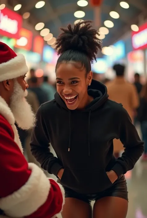 black woman hair in a bun black hoodie black leather short shorts excited and eyes wide open on her face setting in santa claus lap at the mall 8k
backside view low angle