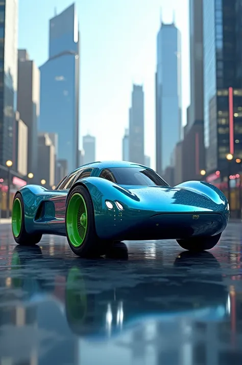 Blue flying car with green wheels