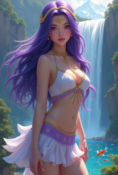 A  beautyful girl long porple hear and porple eyes  and white and gold short dress and dressing line porple with a head golden taj with neture like a mountain and waterfall’ lake’ lake under colorful fishses’ duck’ and boat 