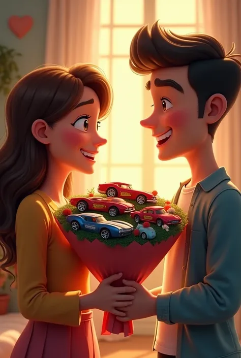 Young lady gives a bouquet of hotwheels cars to a young man , relationship of boyfriends 