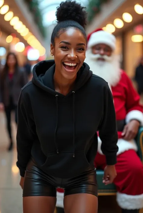 black woman hair in a bun black hoodie black leather short shorts excited and eyes wide open on her face setting in santa claus lap at the mall 8k
backside view low angle