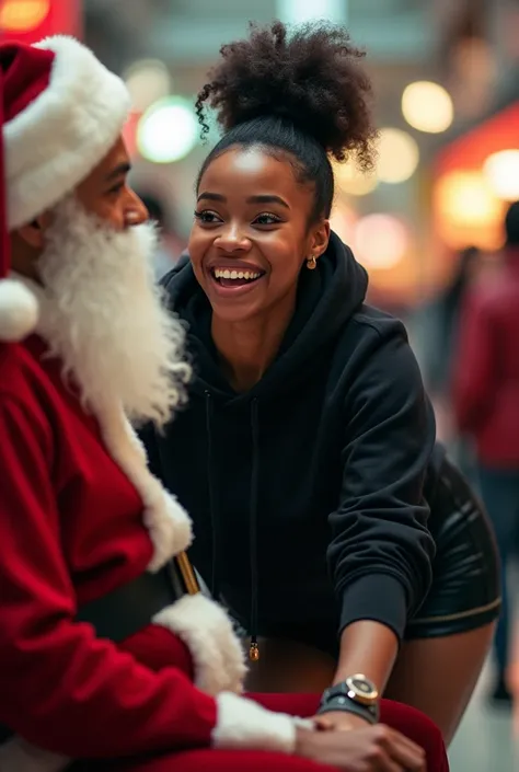 black woman hair in a bun black hoodie black leather short shorts excited and eyes wide open on her face setting in santa claus lap at the mall 8k
backside view low angle