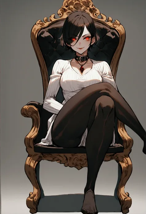 The eyes,fully body,sitting with legs open,alone,short hair,work of art,face detailed,young fitness linda,Wearing black pantyhose,tight white sweater with collar ,neckleace,evil smile,red eyes glowing,labiaa,eye shadow,bangs on the eyes,black gloves,usando...