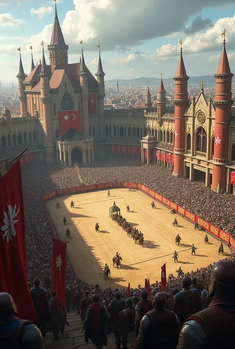 Create a large medieval tournament seen from above with the city in the background, and place a royal pavilion in the stands, a royal palanquin 