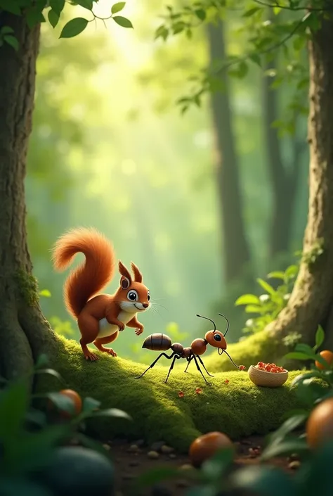 A little ant with carrying tiny bits of food back to his anthill, and one squirrel playing in green forest 