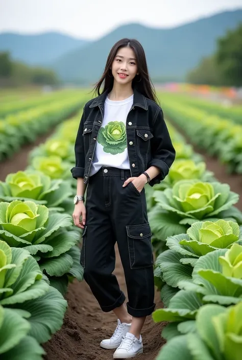 Beautiful Korean girl, smooth white skin, well-groomed face, long straight black hair, faint smile, posing in a very fertile and beautiful cabbage field, black jeans jacket, white T-shirt with the Santi logo decorated with cabbage motifs, cool watch, knee-...