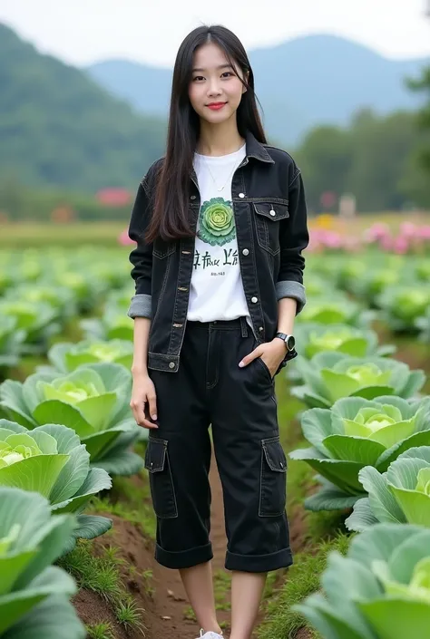 Beautiful Korean girl, smooth white skin, well-groomed face, long straight black hair, faint smile, posing in a very fertile and beautiful cabbage field, black jeans jacket, white T-shirt with the Santi logo decorated with cabbage motifs, cool watch, knee-...