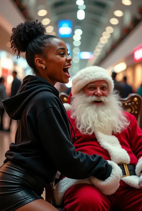 black woman hair in a bun black hoodie black leather short shorts excited and eyes wide open on her face setting in santa claus lap at the mall 8k
backside view low angle