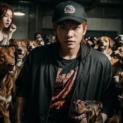 Yang Jeongin, member of Stray Kids. A redheaded boy wearing 2000s style clothes and a cap, surrounded by several large breed dogs, chaotic pitbulls, detailed portrait, 1boy, beautiful detailed face, long eyelashes, hyper realistic, cinematic lighting, dram...