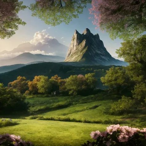 (masterpiece:1.2,Exceptional, Cinematic Experience),8k,wallpaper, Mountain with trees and flowers, Scenery, perfectly detail, extremely detail, realistic, extremely realistic