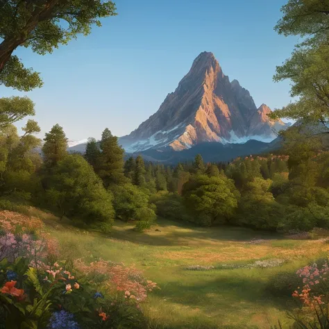 (masterpiece:1.2,Exceptional, Cinematic Experience),8k,wallpaper, Mountain with trees and flowers, Scenery, perfectly detail, extremely detail, realistic, extremely realistic