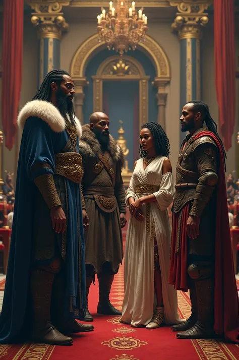 in a royal hall, four people. The first is a tall Viking king, black hair, blue and black tunic. On Segundo is an African warrior, with dreadlocked hair. The third is a Viking princess.  And the fourth is an Asian warrior