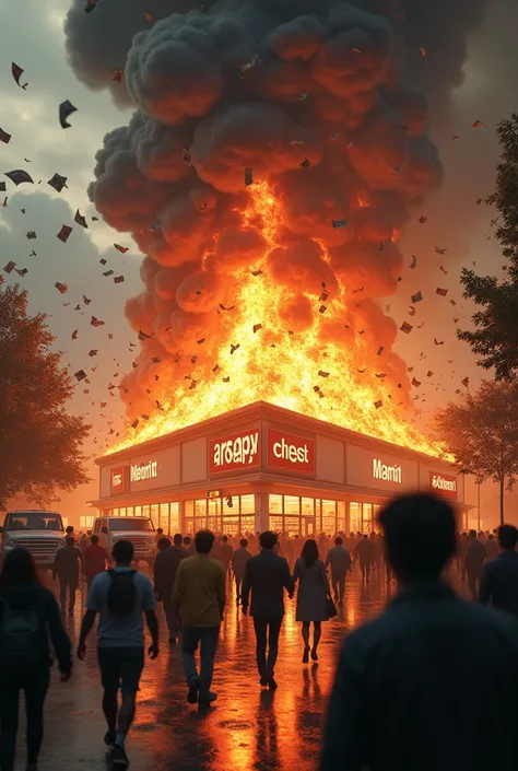 A supermarket seen from the outside, on fire with a lot of money flying