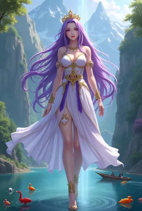 A  beautyful girl long porple hear and porple eyes  and white and gold dress and dressing line porple with a head golden taj with neture like a mountain and waterfall’ lake’ lake under colorful fishses’ duck’ and boat 