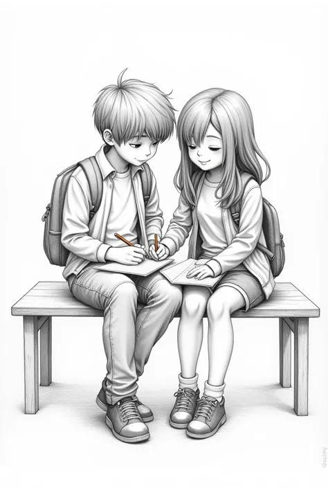 Draw a pencil drawing in which a high school boy and girl sitting on a bench and sharing pencil in exam.Boy and girl both sitting together on same bench