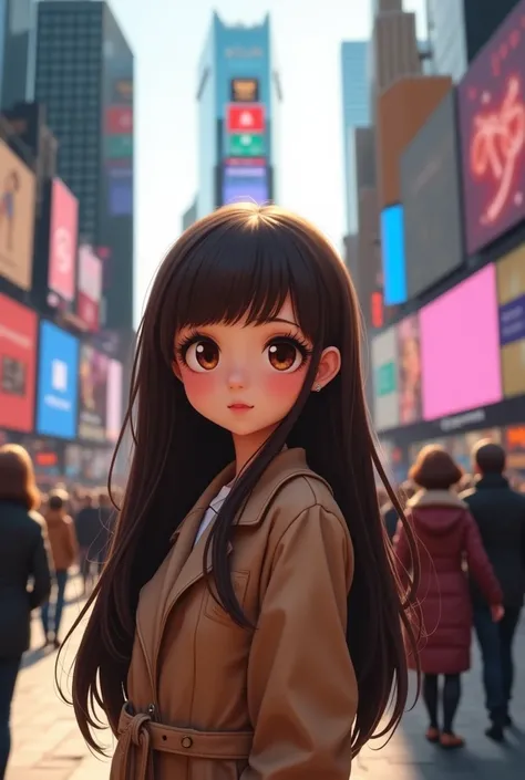  (4k) bright picture of beautiful black haired chubby russian girl in overcoat blushing at time square 