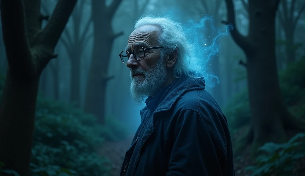 An old professor, wearing glasses that reflected profound ancient wisdom, had a slight blue aura emitting from him, and his face was sorrowful. The background was a dark forest. 