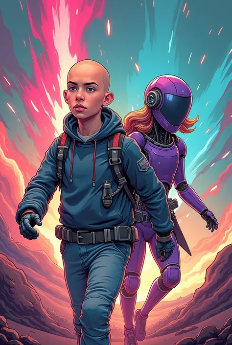 Make a comic poster about Albert a young bald scientist with cancer with his companion Matica a purple she robot in their exploration in motion and kinematics