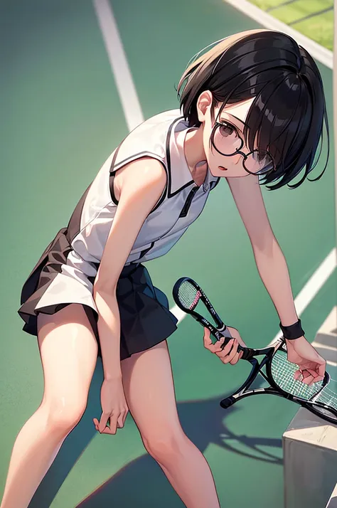 masterpiece, best quality,anime style, 1 girl,(((slender body))), (((small eyes))),(((tennis uniform,glasses))), (beautiful face), (((short hair))), (((straight hair))), ((((black hair)))),detailed beautiful skin, (perfect hands, perfect anatomy),scream