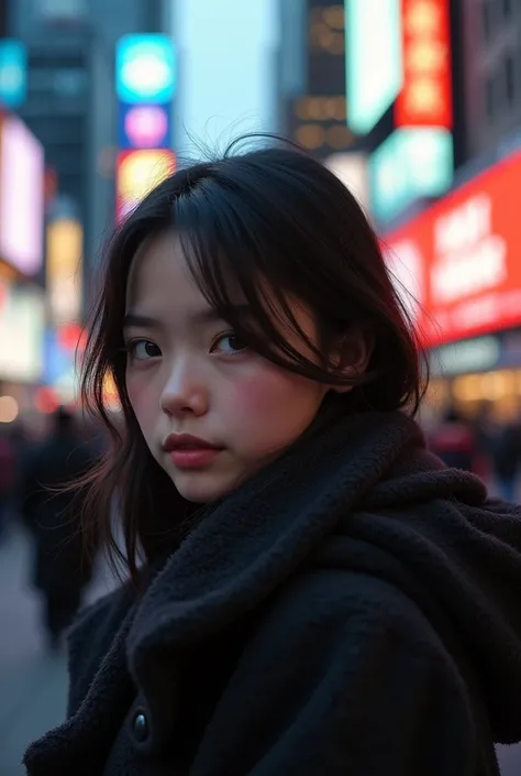  (4k) picture of beautiful black haired chubby russian girl in overcoat blushing at time square 