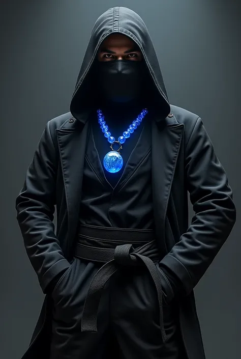 Man cote and black belt black mask black shoes black glubes black huddi blue necklace 