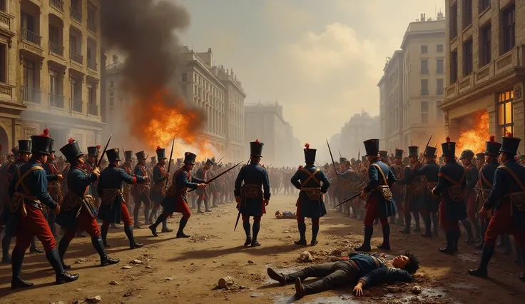 1805 (masterpiece, best quality) destroyed city (Paris); La Grande Armée soldiers fighting in the streets; people dead on the floor   