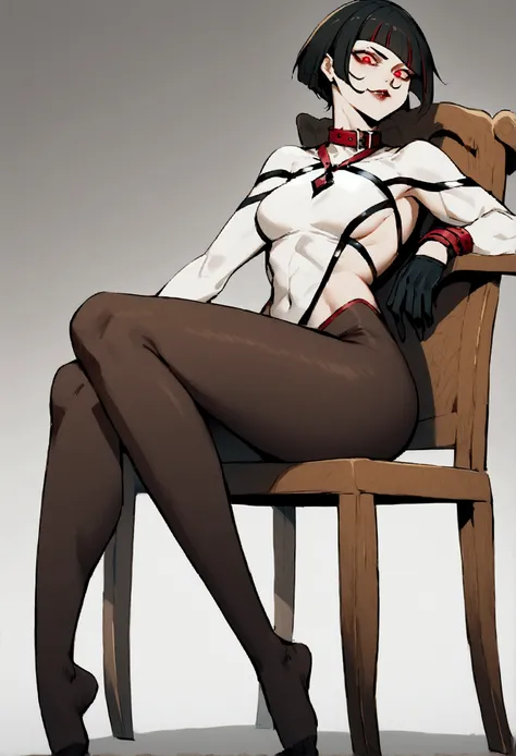 
The eyes,fully body,sitting with legs open,alone,short hair,work of art,face detailed,young fitness linda,Wearing black pantyhose,tight white sweater with collar ,neckleace,evil smile,red eyes glowing,labiaa,eye shadow,bangs on the eyes,black gloves,usand...