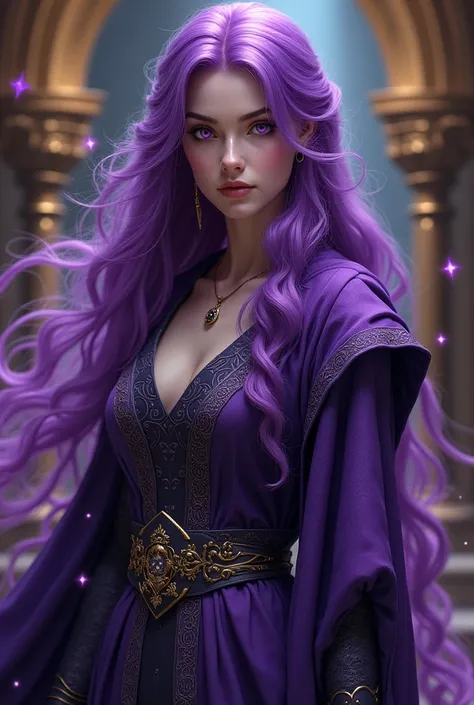 Purple Hair girl, acheron clothes, rich, mage, purple eyes, mage