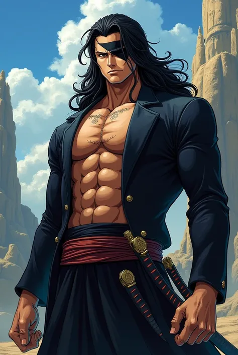 Crie um homem no anime one piece, long-haired, scar on eye, with a black band on his forehead, two katanas on the waist, a very handsome and muscular man