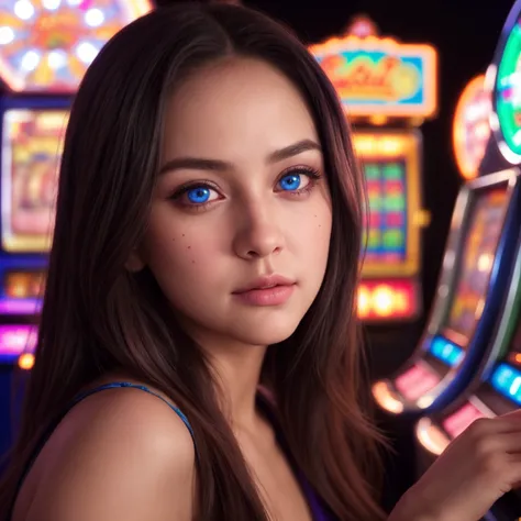 cute girl playing slot machines, 1girl, beautiful detailed eyes, beautiful detailed lips, extremely detailed face and hair, cute and adorable expression, casino interior, slot machines, neon lights, cinematic lighting, fantasy, vibrant colors, highly detai...