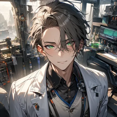 (absurdres, highres, ultra detailed, HDR) master piece, best quality, extremely detailed face, delicated features, scientist, 1boy, male, man, scientists white coat, green eyes, tall