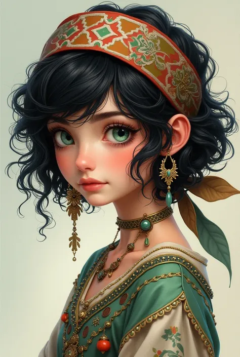  girl, with curly hair with bandana, short layered hair, light blacks, with ornament and beads in the hair, greeneyes 