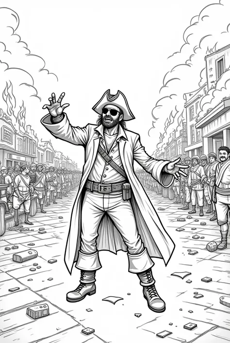 Create an easy to draw black and white drawing, of a pirate yelling at others , while they burn and kill people in a town that is around the sea.
Make the drawing easier to draw and not so realistic, Put an eye patch on one of the pirates&#39; eyes and put...