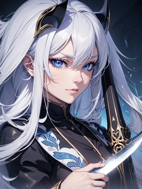 a close up of a young female anime character with long white hair, beautiful detailed eyes, beautiful detailed lips, extremely detailed face, longeyelashes, holding a sword, dark grey hair, silver hair, blue eyes, inspired by Okumura Togyu and Okumura Masa...