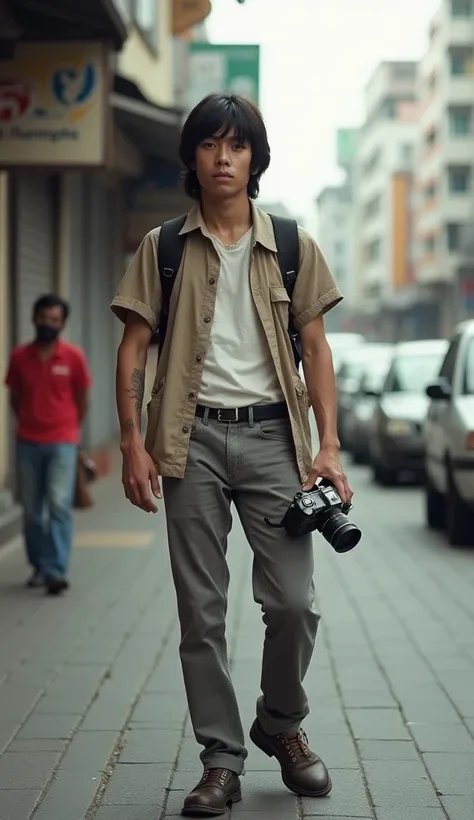 full body shot, a man with shoulkder length black hair, wearing casual clothes from 1982, Some photographs circa 1982, street photo in Bandung city.  showing all body, Photograph with pockets camera, Kodak colour, Purpleish, face looking to viewer, white s...