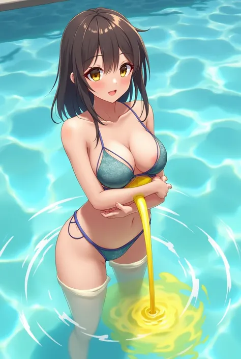 Anime, girl, girl in a swimsuit, girl in a swimsuit with a tube that is inserted into a swimsuit, pees, pees herself, pees with yellow urine, pees into a tube that is inserted into a swimsuit, yellow urine flows from a tube that is inserted into a swimsuit...