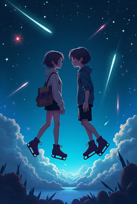 create an animated image, fantasy themed, that it is night in the background, illustrations as if under the effects of drugs, with a girl with short wavy hair and a boy with short, straight hair, that they are floating staring at each other, with grunge cl...