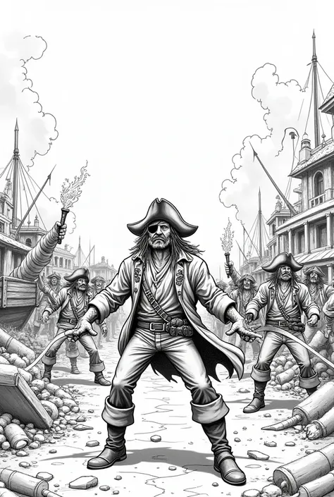 Create an easy to draw black and white drawing, of a pirate yelling at others , while they burn and kill people in a town that is around the sea.
Make the drawing easier to draw and not so realistic, Put an eye patch on one of the pirates&#39; eyes and put...