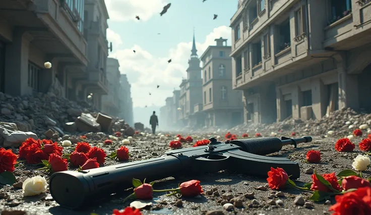 2024; (masterpiece, best quality) destroyed city roses ( white and red) on the floor(Sidney); flowers on the ground; 1IMBEL IA2 rifle Down(close-up); bombs falling from the sky.; fire around; soldiers dead on the floor. 