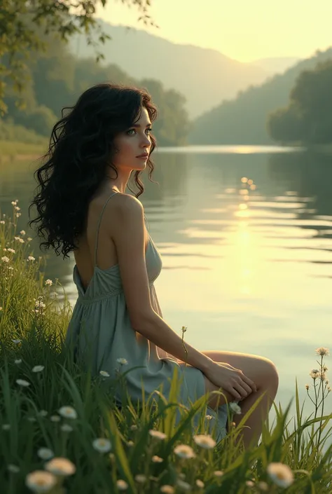 A woman with curly black hair and green eyes sitting on the edge of a river 