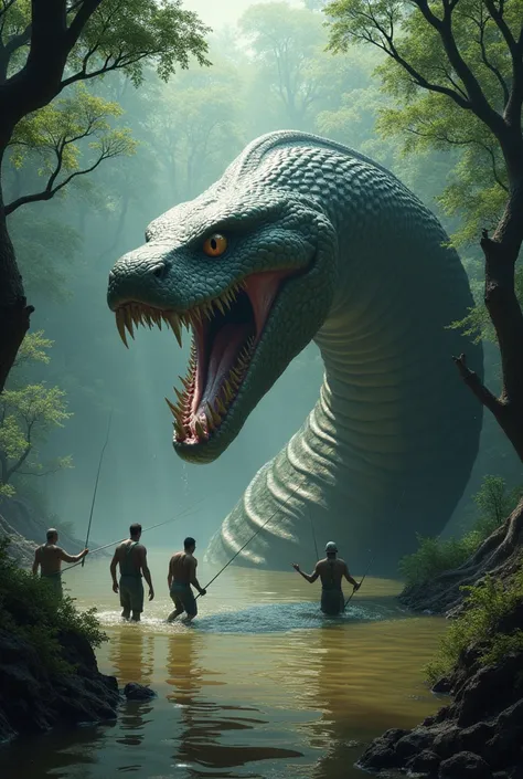 Make a picture of a giant snake with its mouth open, attacking fishermen in a mud lake in a forest