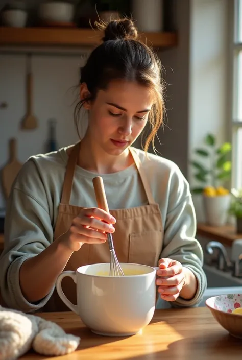 a lady in a kitchen making a mug cake