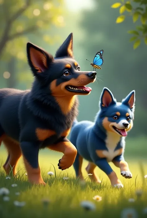 black brown australian kelpie dog just these colors and with a little bee on its nose, and a BLUE hiller dog running a blue butterfly