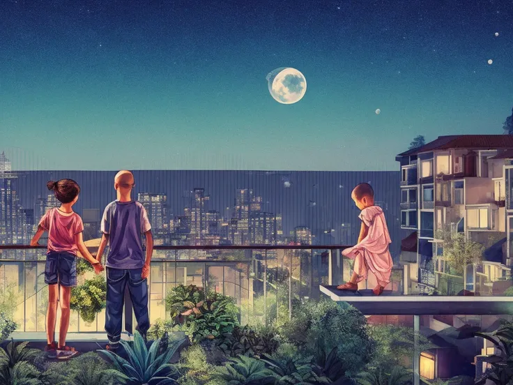 night shot, moon light, 1boy 1 girl, wearing t shirt and jeans, boy with bald head, girl with ponytail, sitting in foldable chai...