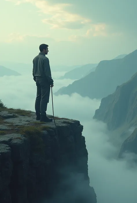 A 30-year-old man wearing a simple modern outfit walking towards the edge of a cliff holding a rope  