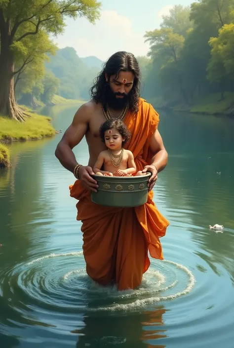 Basudev carrying little krishna in head in bucket inside river