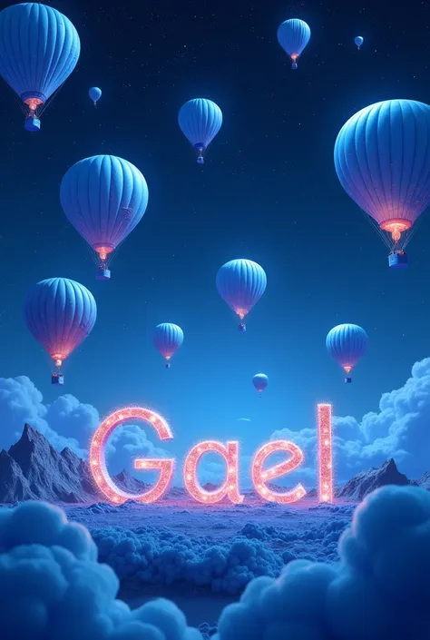 "Gael" in the celestial sky with many hot air balloons in blue