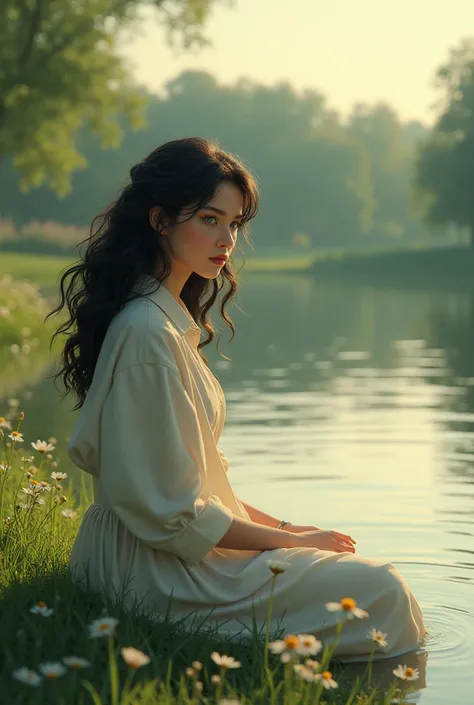 A woman with curly black hair and green eyes sitting on the edge of a river 