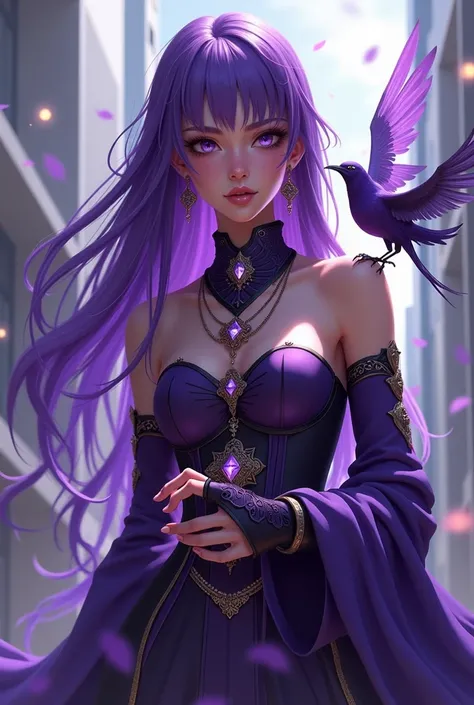 Purple Hair girl, acheron clothes, rich, mage, purple eyes, mage, younger, ilusionist, ACHERON STAR RAIL, modern clothes, bird flying over shoulder